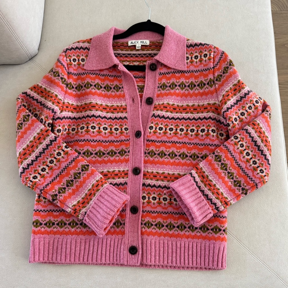 Alex Mill pink fair isle merino wool cardigan